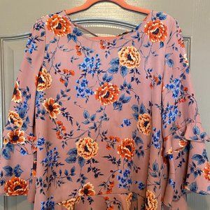 SOLD - Floral Print Pink Top + Back Details Flared Sleeve